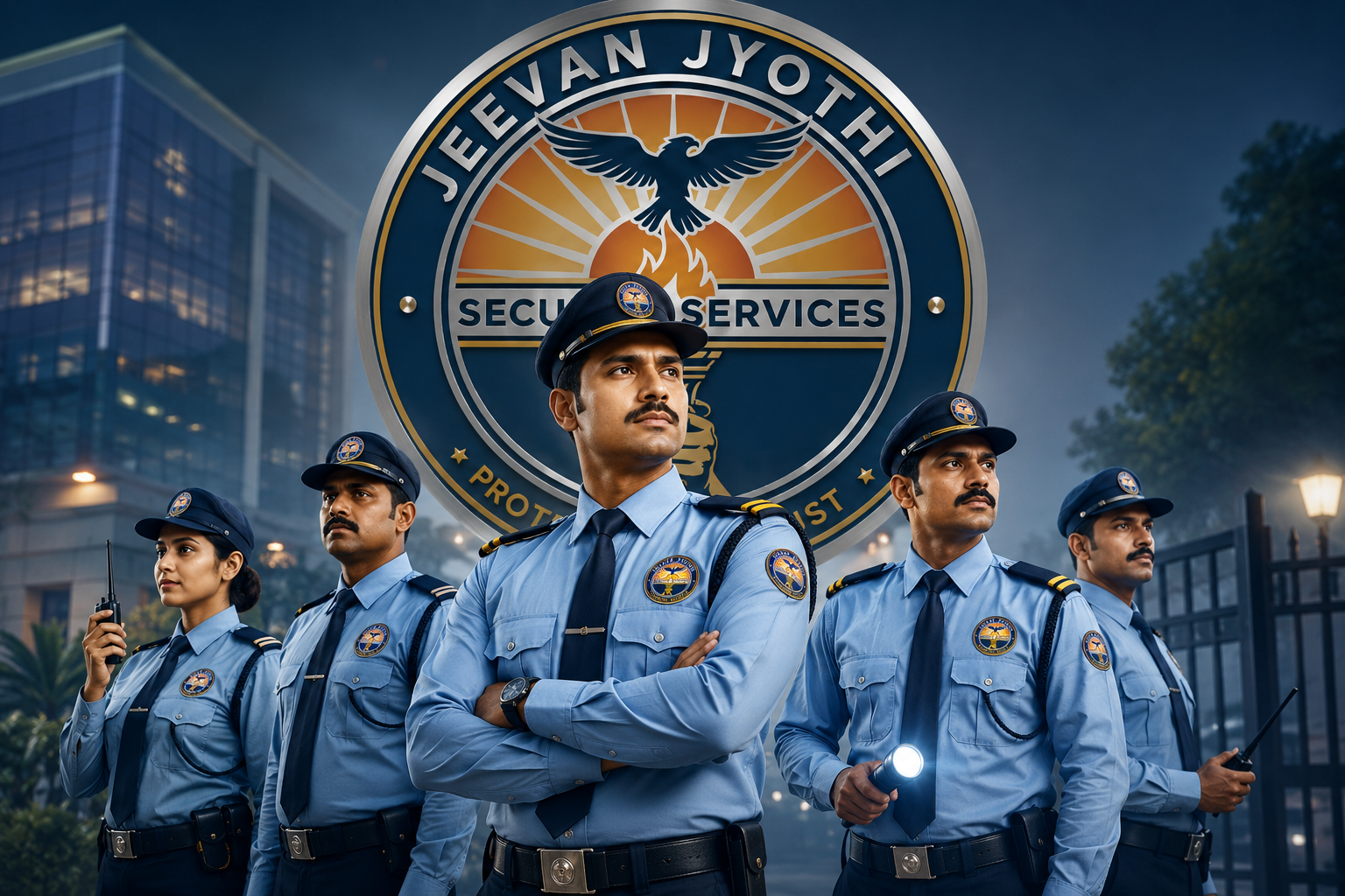 Uniformed Jeevan Jyothi security personnel on duty outside a corporate building at night